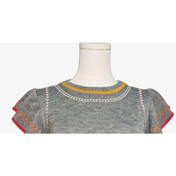 THML Gray Embroidered Ruffle Short Sleeve Wool Blend Sweater Small - Picture 2 of 7